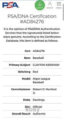 Clayton Kershaw Autographed Official Major League Baseball PSA DNA COA