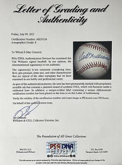 Ted Williams Red Sox Signed Official American League Baseball PSA Auto 8 LOA